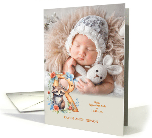 Letter R Birth Announcement Woodland Creatures Custom card (941774)