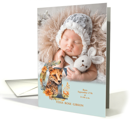 Letter T Birth Announcement Wildlife Theme Custom card (941867)