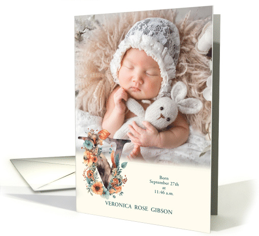 Letter V Birth Announcement Woodland Boho Theme Photo card (941893)