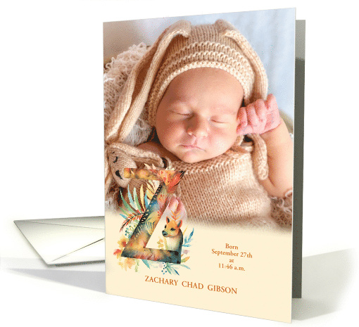 Letter Z Birth Announcement Woodland Boho Theme Photo card (941920)