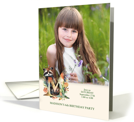 Letter M Birthday Party Invitation Woodland Creatures Photo card