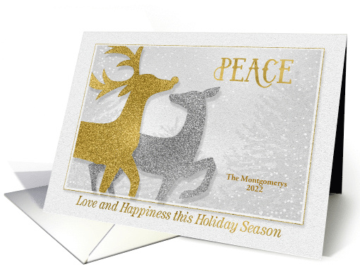 Peace Love Happiness Holiday Deer Faux Gold and Silver Look card