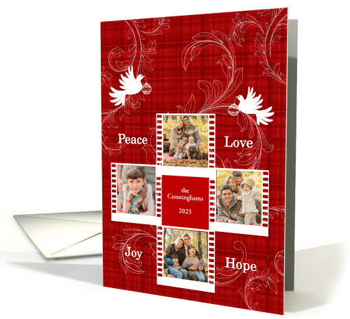 Red Plaid and Doves Custom Front Christmas with Four Photos card