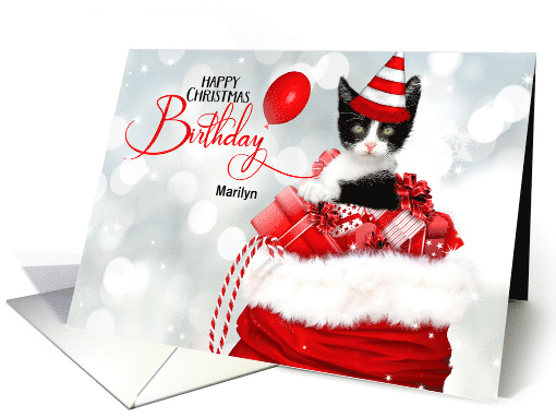 Birthday on Christmas Day Custom Kitten in Red and White card (955203)