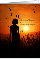 for Husband Missing You Female Silhouette Sunset Mountain Scenic card