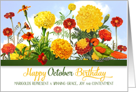 October Birthday Marigolds with Bee and Parakeet card