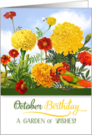 October Birthday Marigolds with Bee and Parakeet card