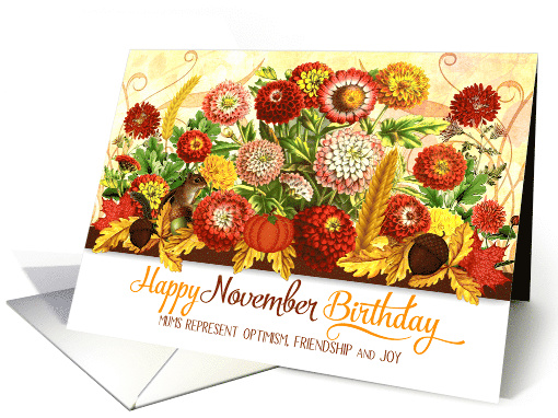 November Birthday Chrysanthemums with Autumn Leaves card (979411)