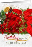 Birthday on Christmas Day Poinsettias and Holiday Greenery card