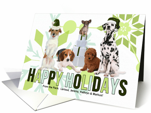 Pack of Holiday Dogs in Green Santa Hats with Custom Name card