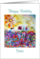 Little Sister, Happy Birthday, Psychedelic Garden card