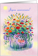 French Birthday Card, Joyeux anniversaire! Sprinkling Can with Pansies card