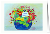 Religious Life Anniversary, Big Blue Pot Full of Flowers card