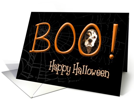 Boo! Happy Halloween - featuring a parti tri Cocker Spaniel card