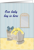 Customizable baby theme, cradle and stuffed bunny card