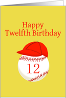 Twelfth Birthday, with Softball Baseball Red Cap, Gold Background card