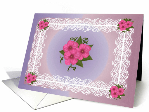 Notecard, pink flowers and lace frame card (584815)