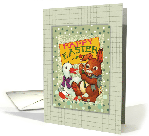 Happy Easter, Bunny Holding Sign with Duck, Vintage card (746411)