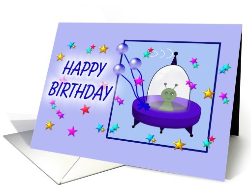 Happy Birthday, cartoon flying saucer/UFO card (811425)