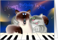 Cats at Piano. Two funny singing cats playing piano illustration. Musical notes are in the air, happy cats pressing piano keys with puffy paws. card