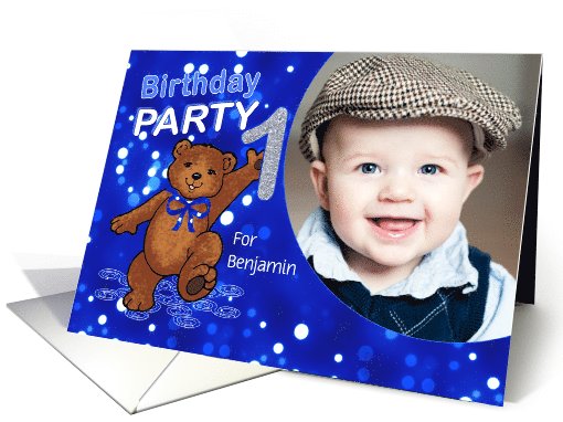 1st Birthday Party Dancing Bear for Boy, Custom Photo card (1061927)