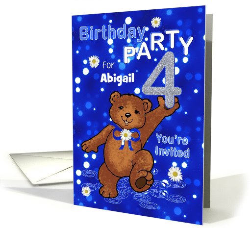 4th Birthday Teddy Bear Invitation for Girl, Custom Name card