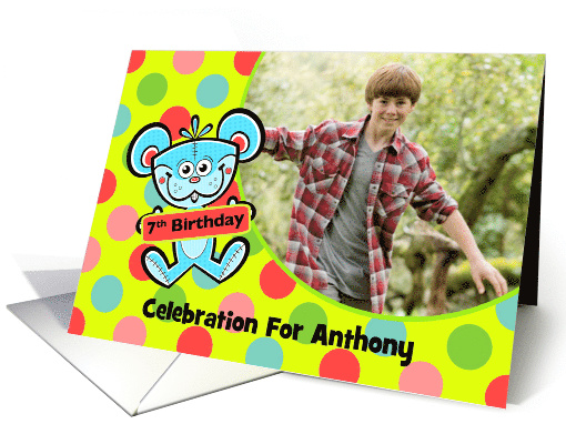 7th Birthday Party Invitation Aqua Bear and Polka dots... (1227316)