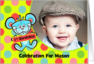 Polka Dots 1st Birthday Party Invitation, Cute Teddy Bear Custom Photo card