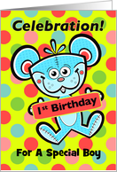 1st Birthday Party Invitation Aqua Blue Bear and Polka Dots card