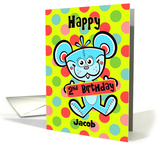 2nd Birthday Aqua Bear and Polka dots Custom Name card (1230694)