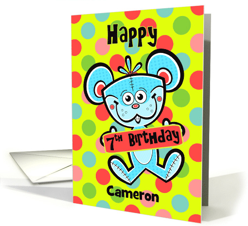 7th Birthday Aqua Bear and Polka dots Custom Name card (1230722)