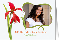 Elegant Red Lily 30th Birthday Party Invitation, Custom Photo and Name card