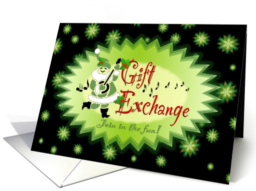 Christmas Gift Exchange Party Green Stars and Musical Santa card