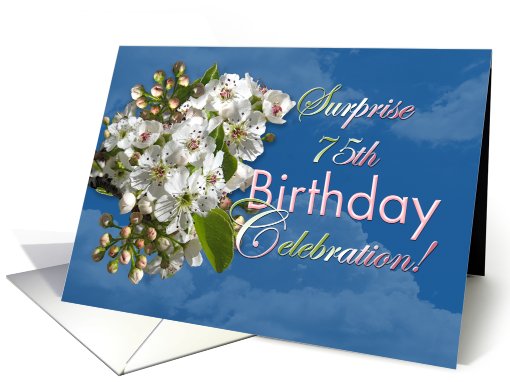 Surprise 75th Birthday Invitation with White Spring Flowers card