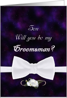 Son, Be My Groomsman Elegant White Bow Tie card