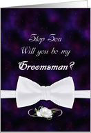 Step Son, Be My Groomsman Elegant White Bow Tie card