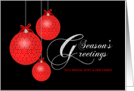 Season’s Greeting Aunt and Family, Red Lace Ornaments, Customizable card