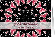 50th Birthday on Valentine’s Day, Three Pink Hearts Mandala card
