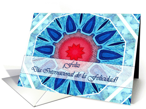Spanish International Happiness Day, Blue Aqua and Red Mandala card