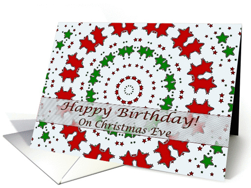 Happy Birthday on Christmas Eve, Red and Green Stars Mandala card