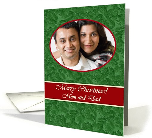 Christmas Photo Card for Mom and Dad, Green Spruce and Red Oval card