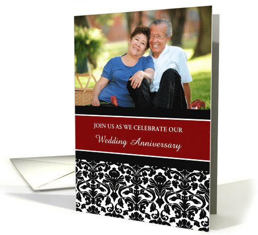 Anniversary Party Invitation Photo Card - Red Black Damask card