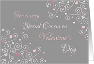 Happy Valentine’s Day Cousin - Pink Gray Swirls & Hearts card