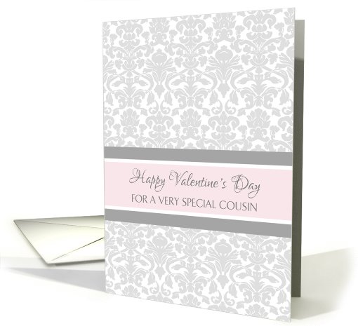 Happy Valentine's Day for Cousin - Pink Gray Damask card (1016607)