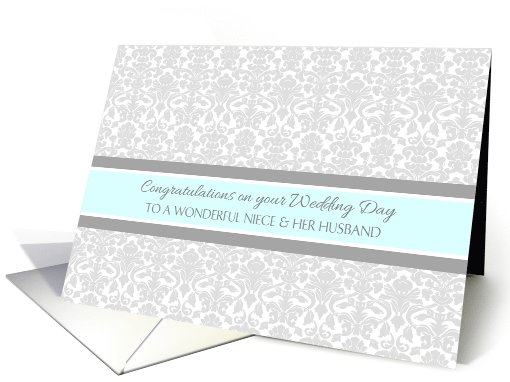 Wedding Day Congratulations Niece & Husband - Gray Blue Damask card