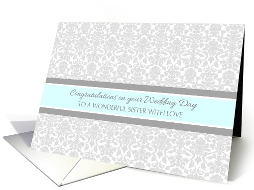 Wedding Day Congratulations Sister - Gray Blue Damask card (1055107)