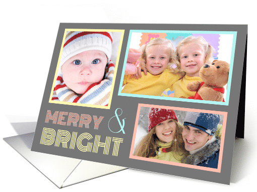 3 Photo Merry & Bright Christmas Card - Grey & Pastel card (1147162)