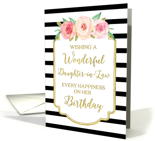 Pink Watercolor Flowers Black Stripes Daughter-in-law Birthday card