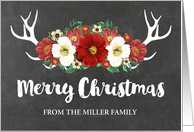 Chalkboard Rustic Antlers Vintage Red Flowers Merry Christmas Custom card