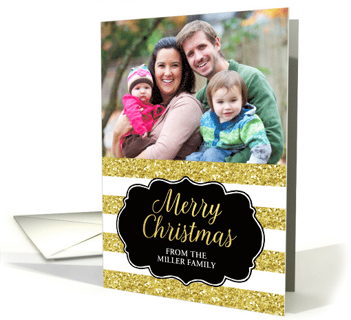 Gold Glitter Effect Stripes Merry Christmas Custom Name Photo card